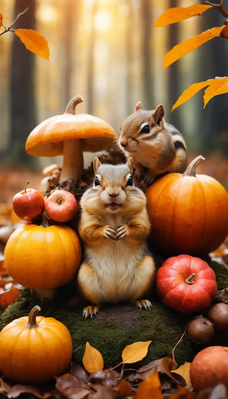 Cheerful chipmunks hugging giant autumn mushrooms and pumpkins