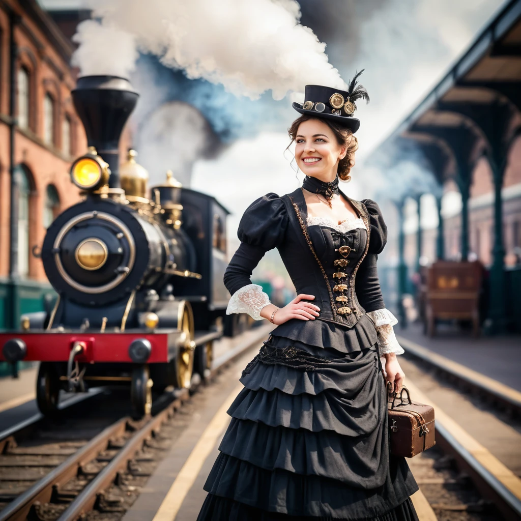 Viktorianische Frau in Steampunk-Kleidung im belebten Bahnhof