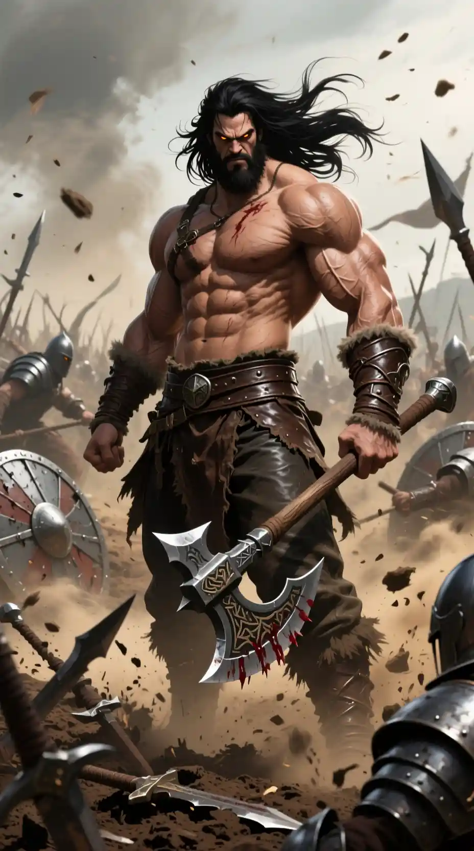 Guerreiro musculoso dominando um campo de batalha medieval caótico
