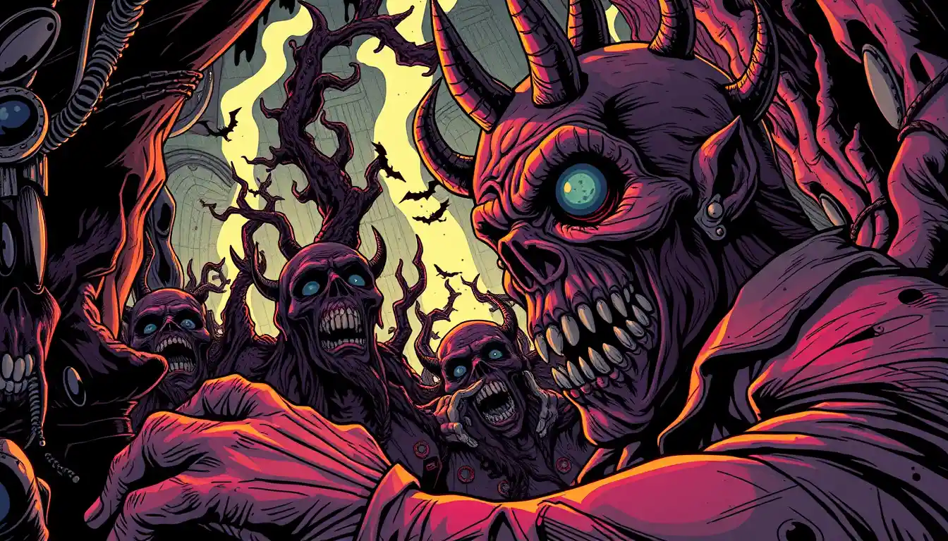 Monstro pop surreal se contorcendo em um vazio escuro e bem-humorado