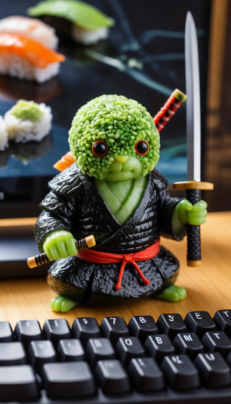 Teclado de sushi em macro com mini ninja e monitor de bambu