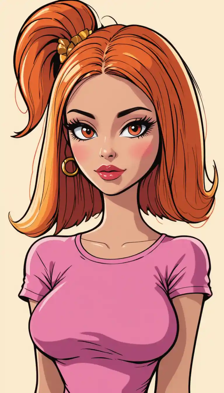 Y2K glam cartoon woman with glossy orange red hair