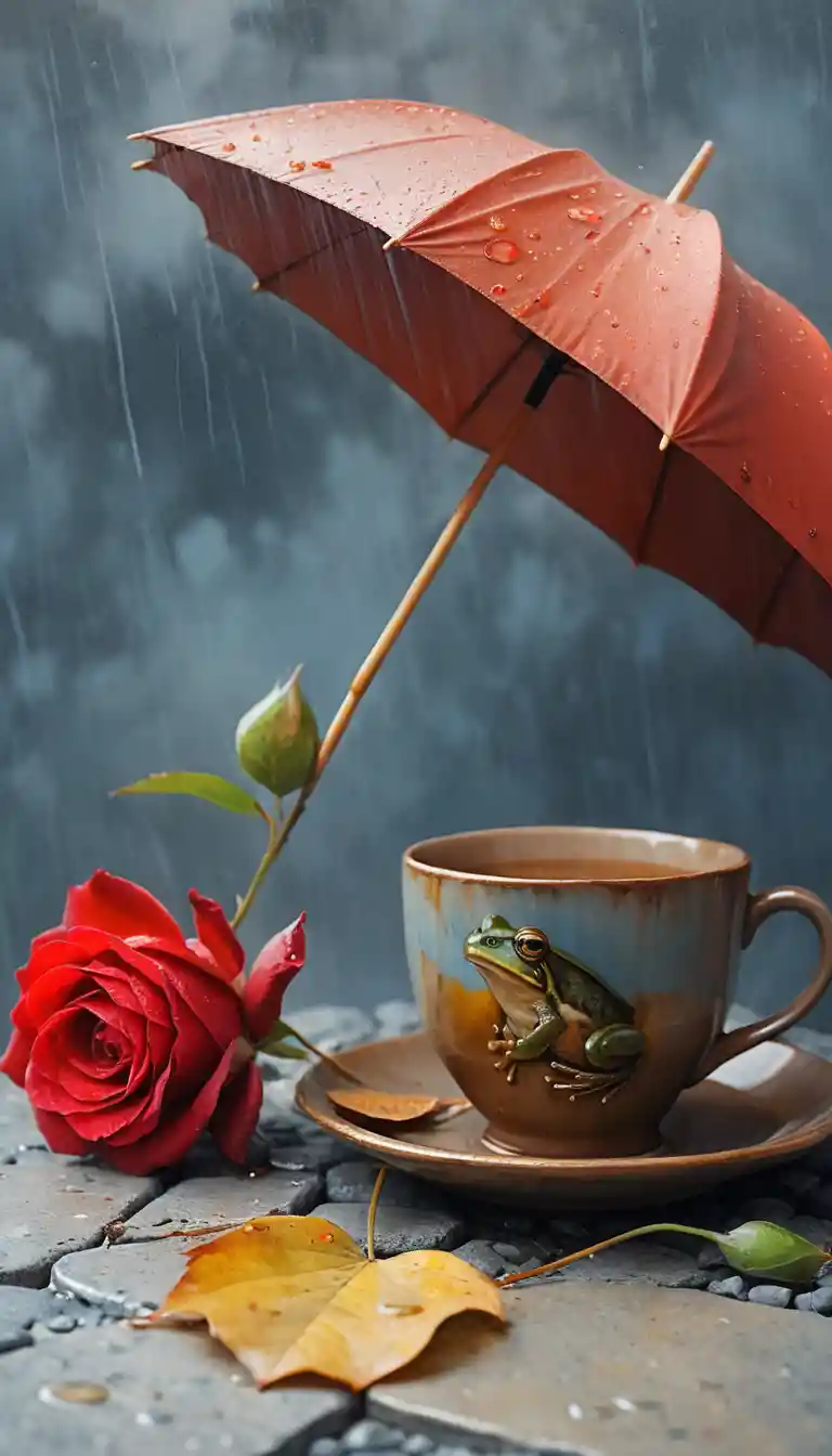 Morning rain scene with umbrella and stone side cup
