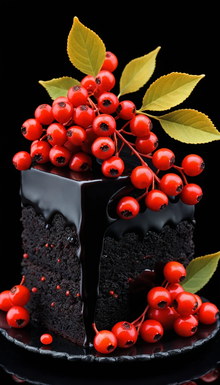 Renderização 3D em close de bagas de sorveira em bolo preto