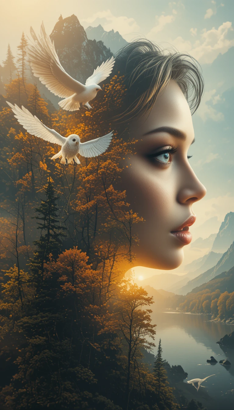 Retrato surreal de dupla exposição de mulher e paisagem de outono