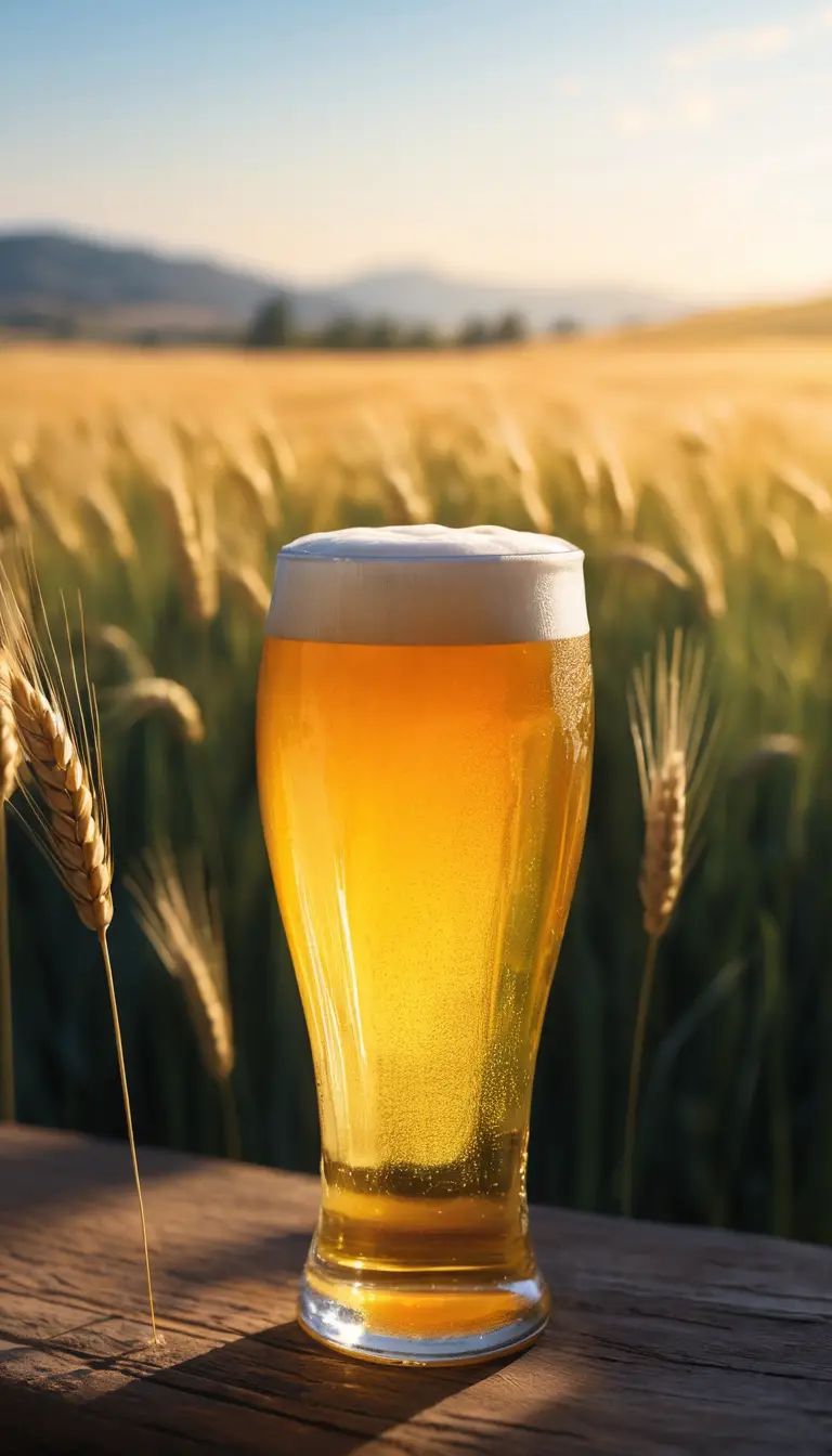Cerveza Brillante Frente a un Suave Valle de Trigo Abstracto