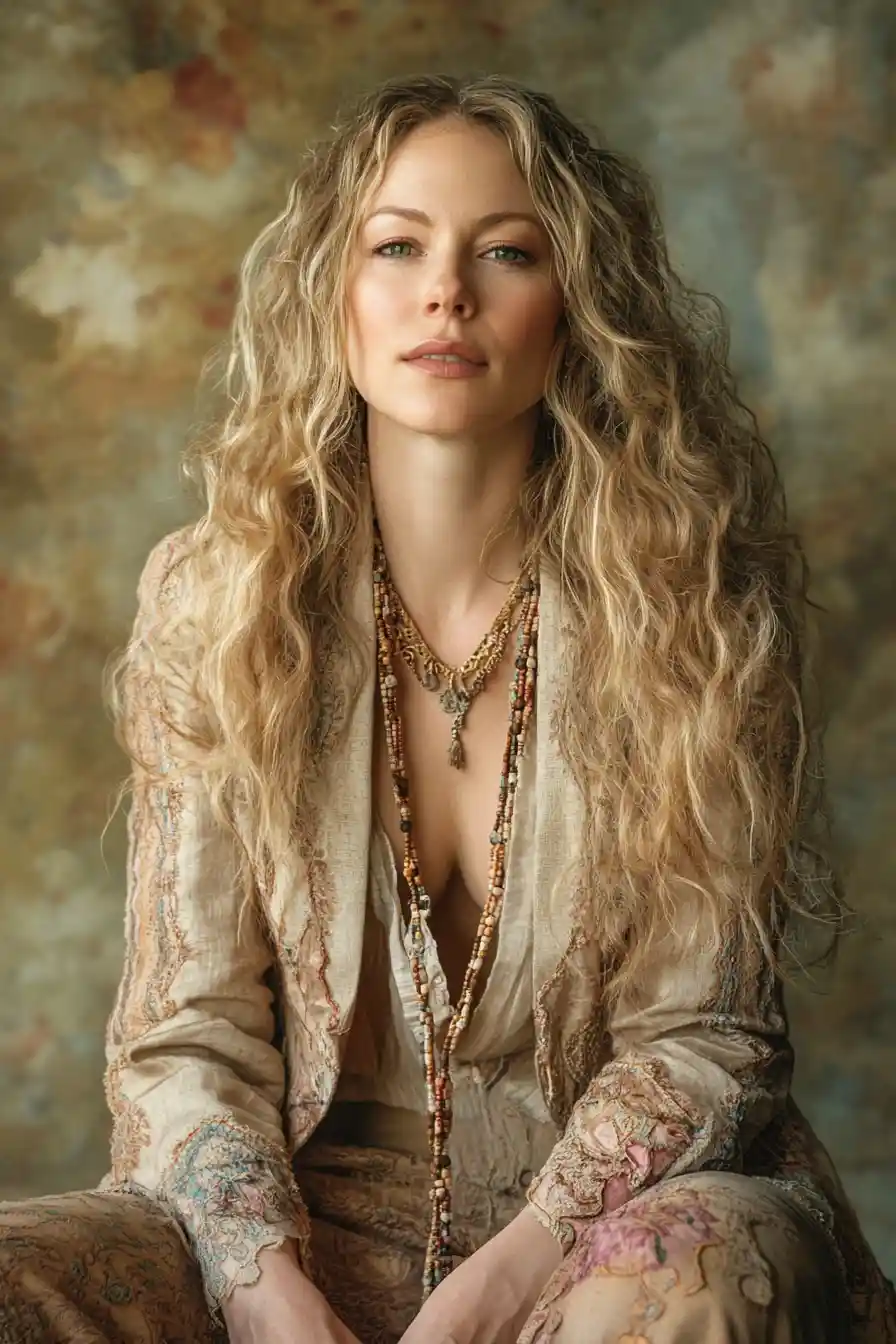 Thoughtful woman in layered tan outfit with green eyes