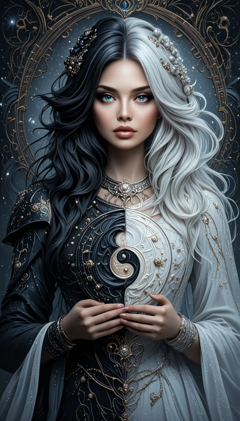 Yin and yang fantasy woman holding celestial symbol
