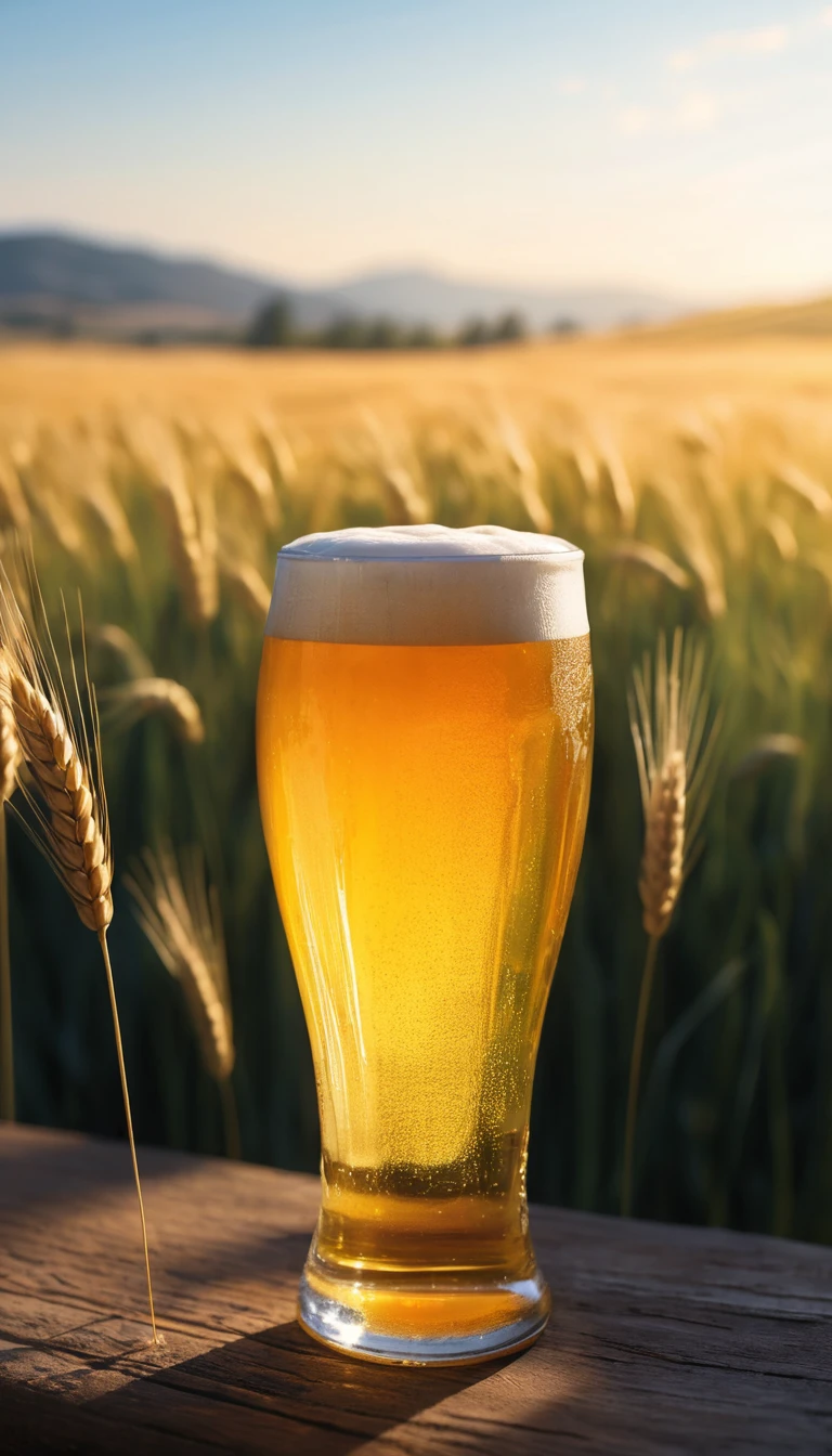Cerveja Brilhante Diante de um Suave Vale de Trigo Abstrato