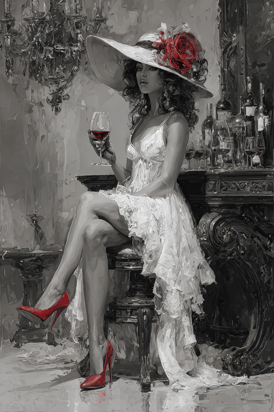 Mulher elegante de chapéu com vinho tinto em interior opulento