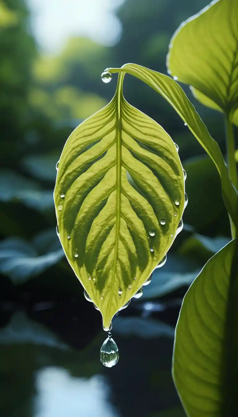 Morning macro of a hosta leaf with reflective water drop