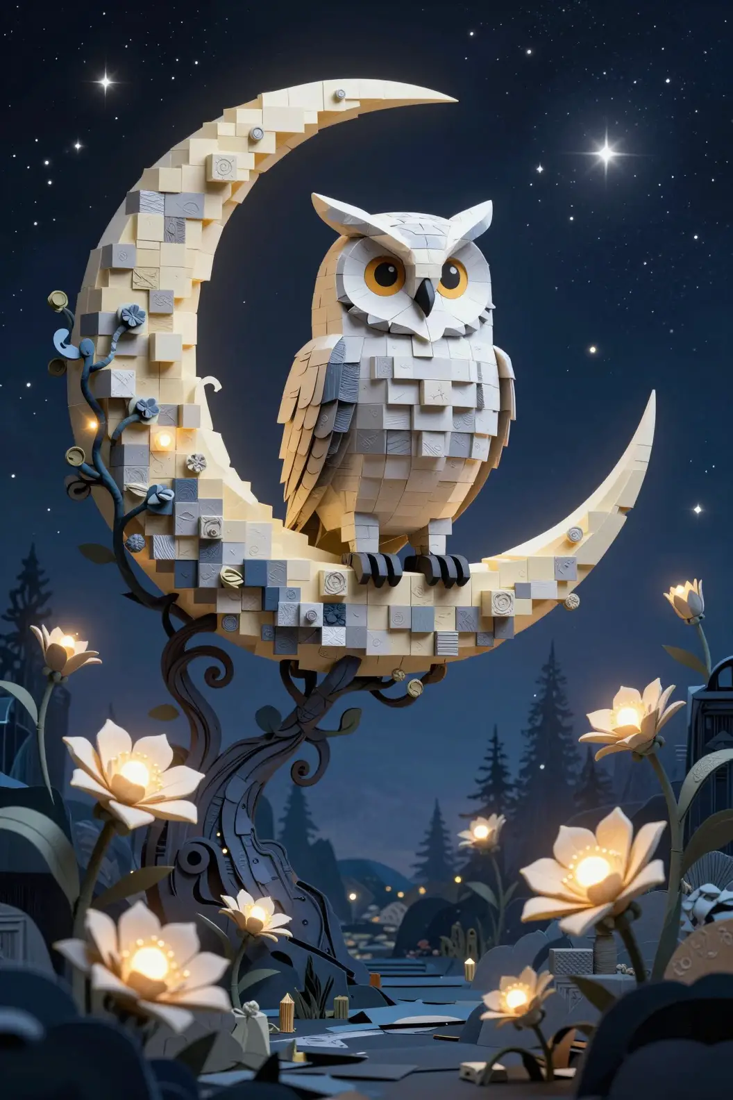 Blocky papercraft owl on crescent moon in starry forest