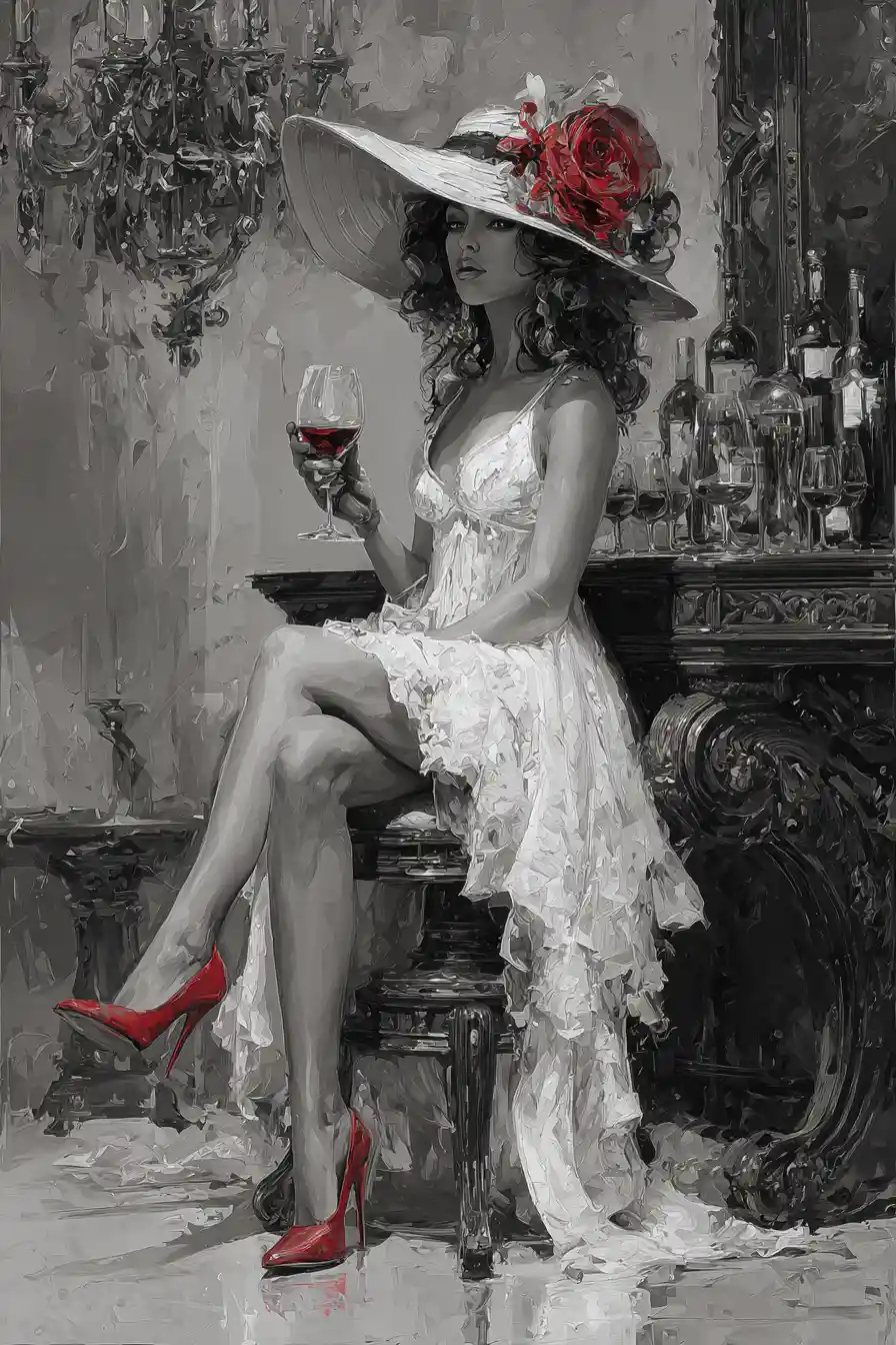 Mulher elegante de chapéu com vinho tinto em interior opulento