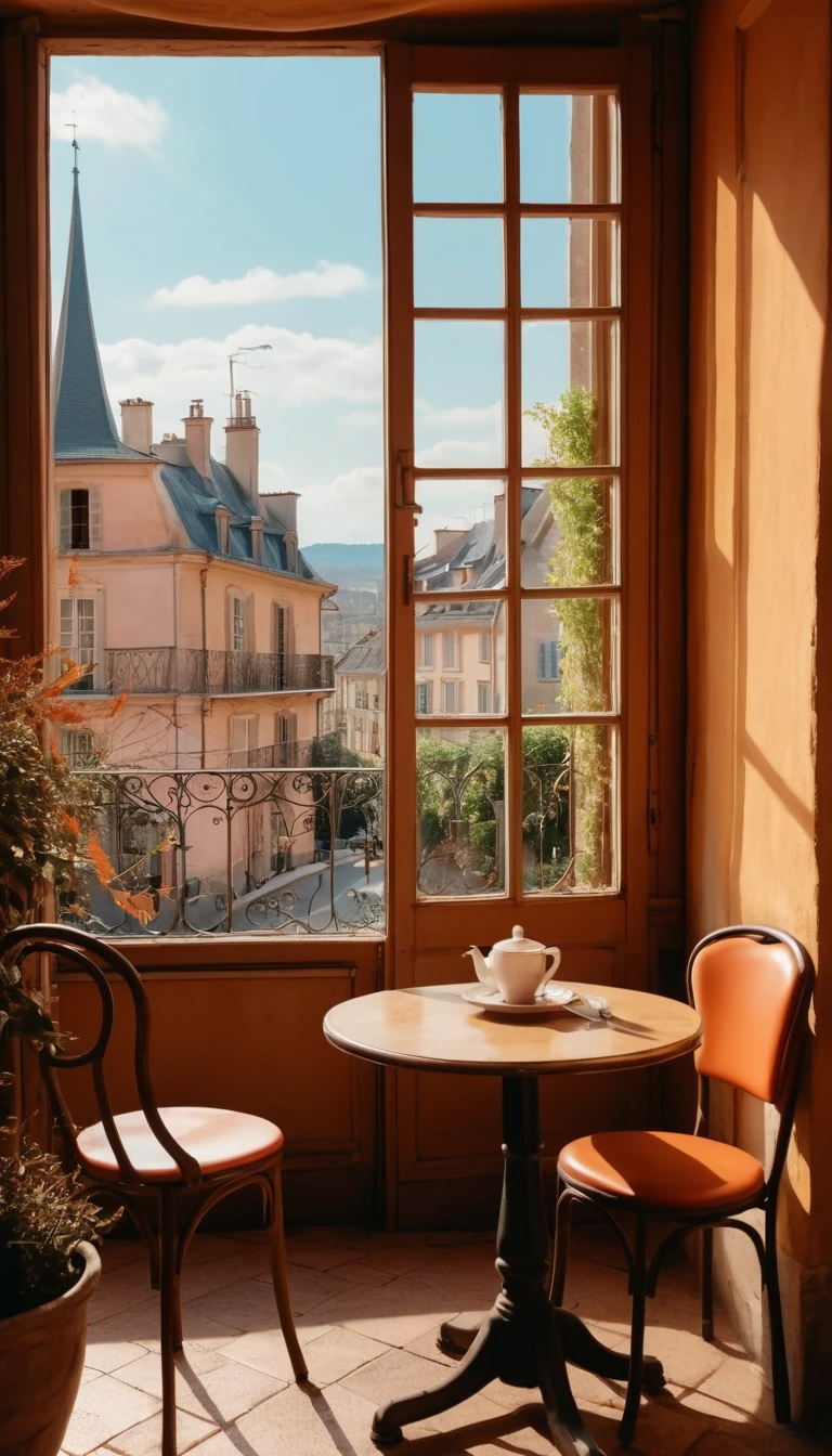 Cozy empty cafe interior with warm light and window view