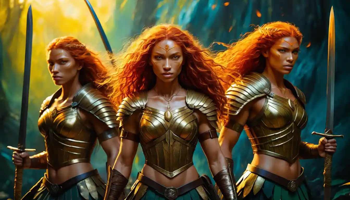 Confident Amazon warrior trio with short swords in sunlight