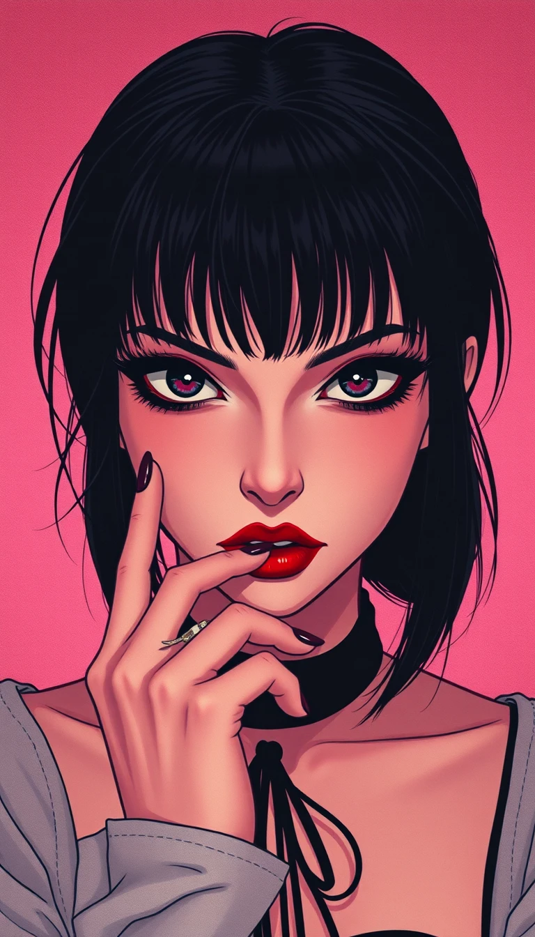 Mulher gótica com olhar penetrante em estilo anime retrô