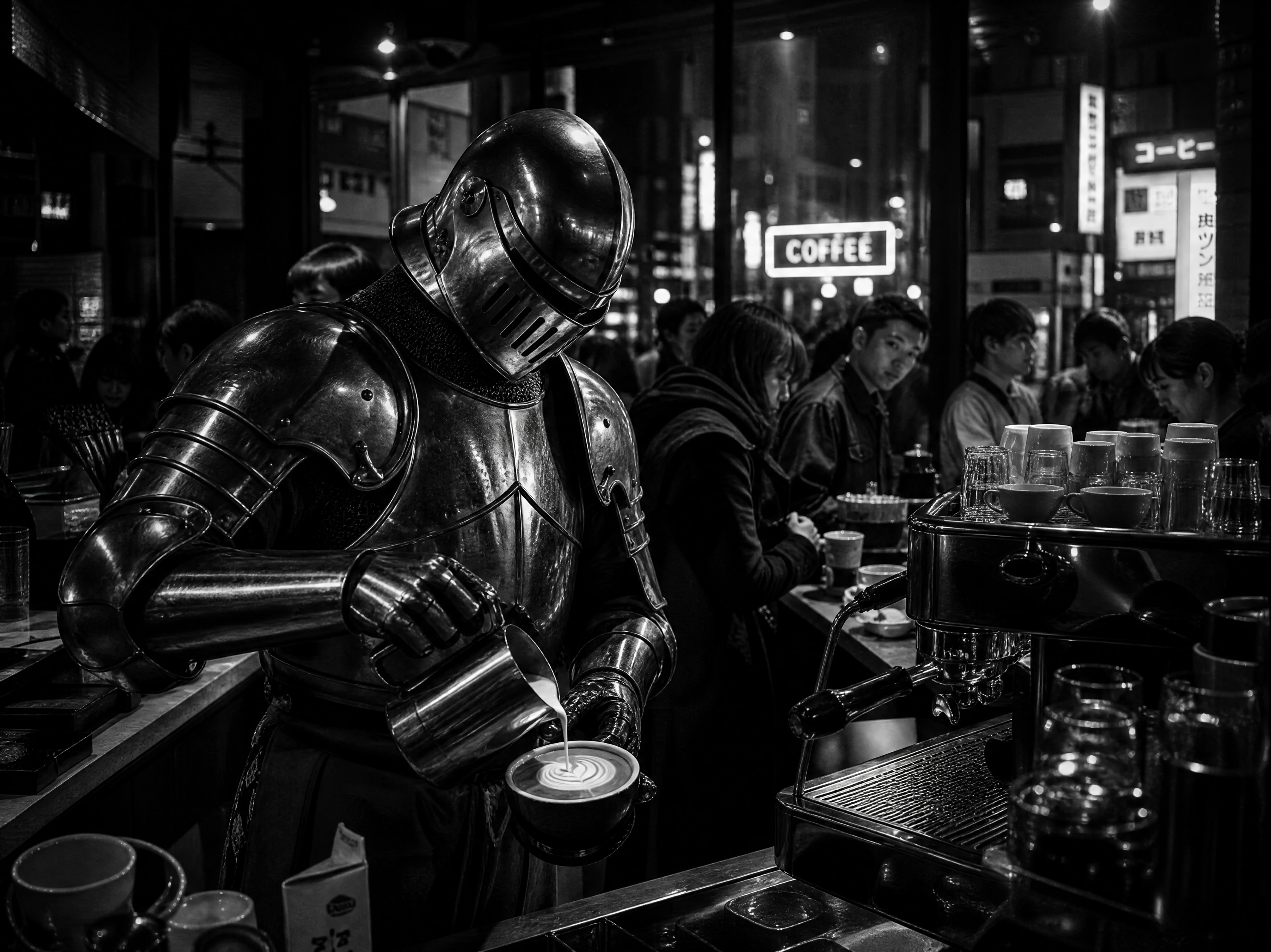 東京のカフェでラテアートを作る中世の騎士バリスタ