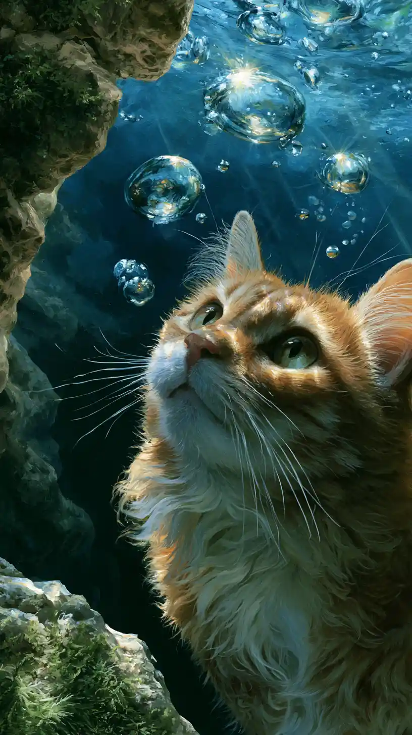 Underwater cat portrait reaching toward sunlit water surface
