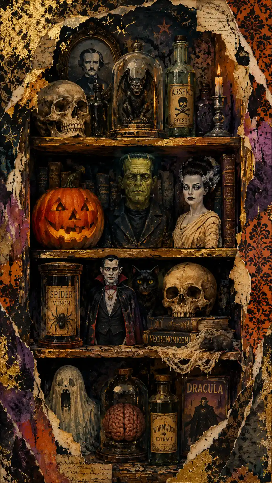 Mystisches Horrorfiguren-Regal in bunter Aquarell- und Ölfarbenoptik
