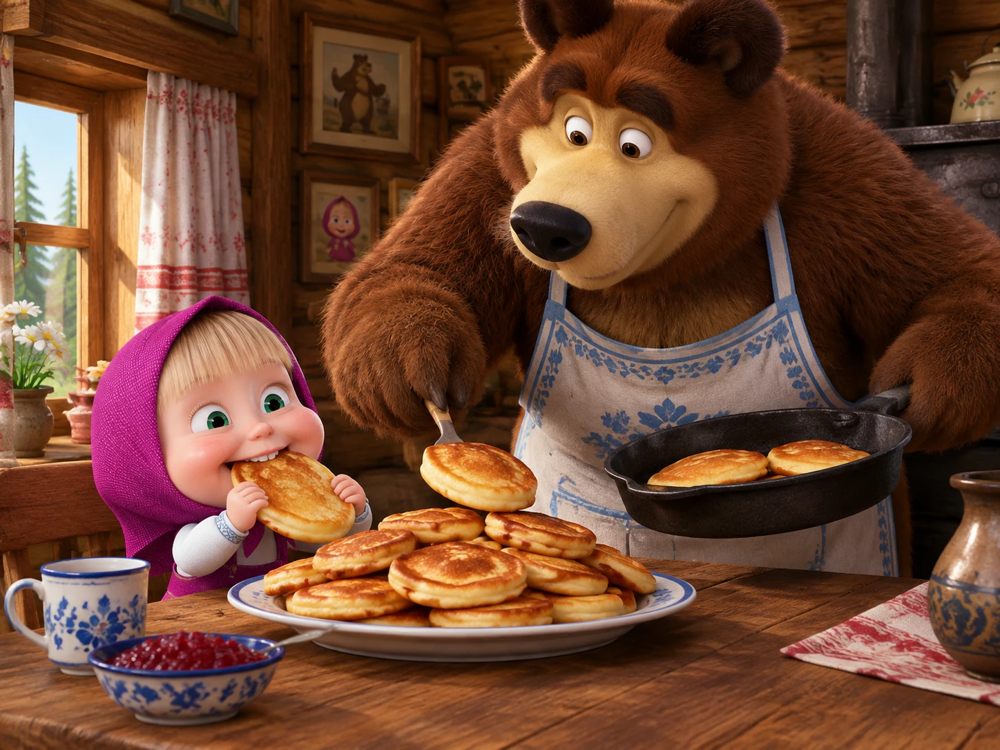 Menininha comendo panquecas com um urso amigável