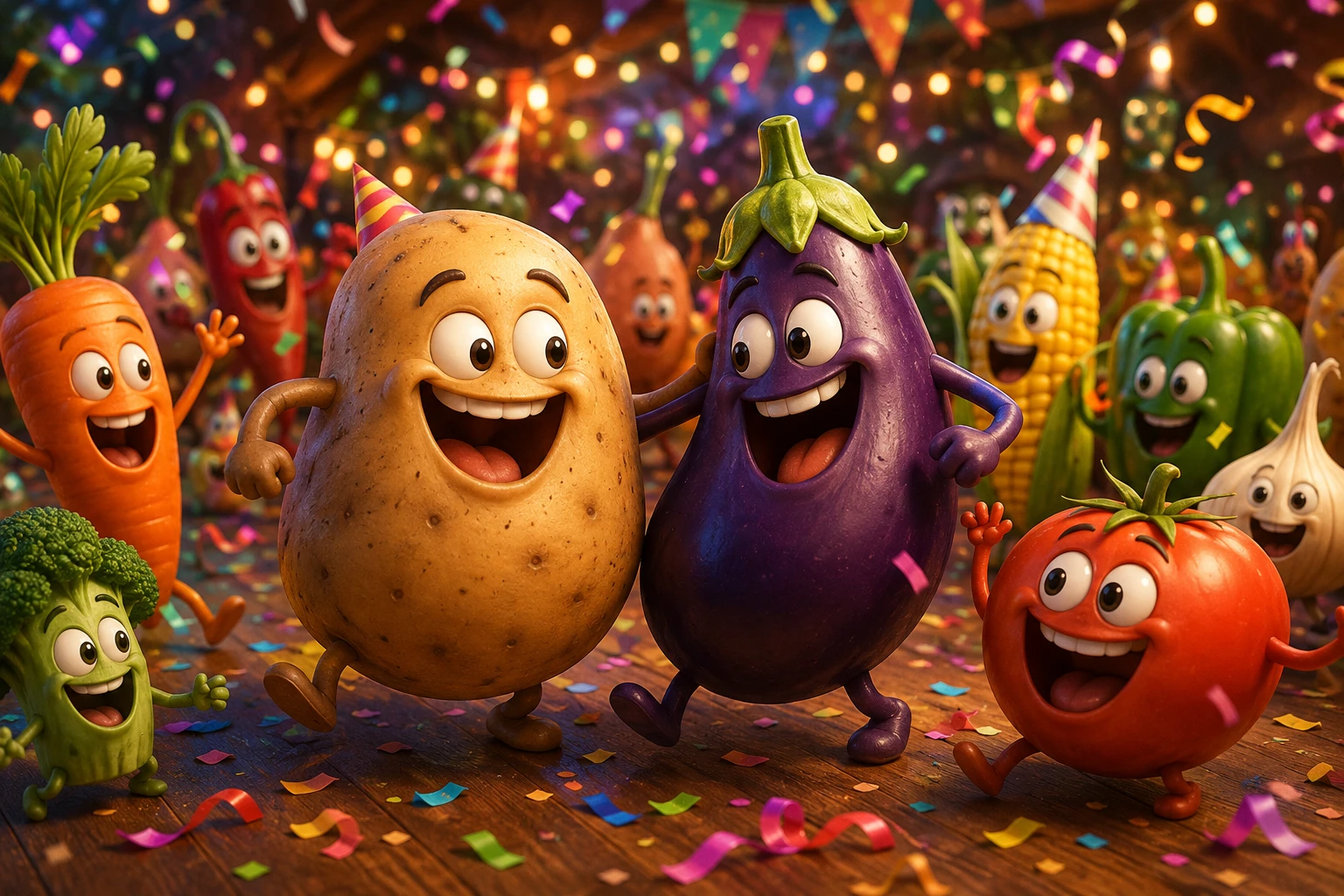Divertidas verduras de caricatura riendo juntas en una fiesta