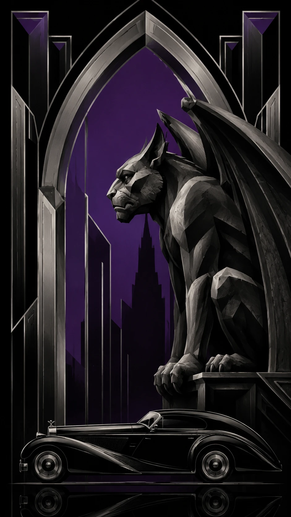 Mascote gárgula com carro de luxo em dramático estilo art déco