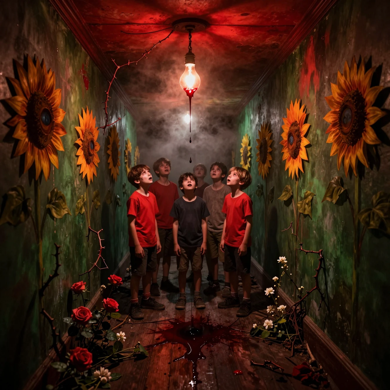 Boys in a blood lit gothic corridor watching a dripping bulb
