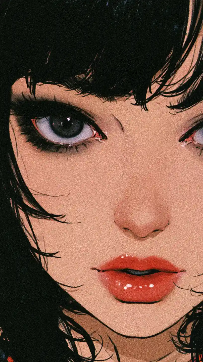 Close de garota anime gótica com olhos e lábios marcantes