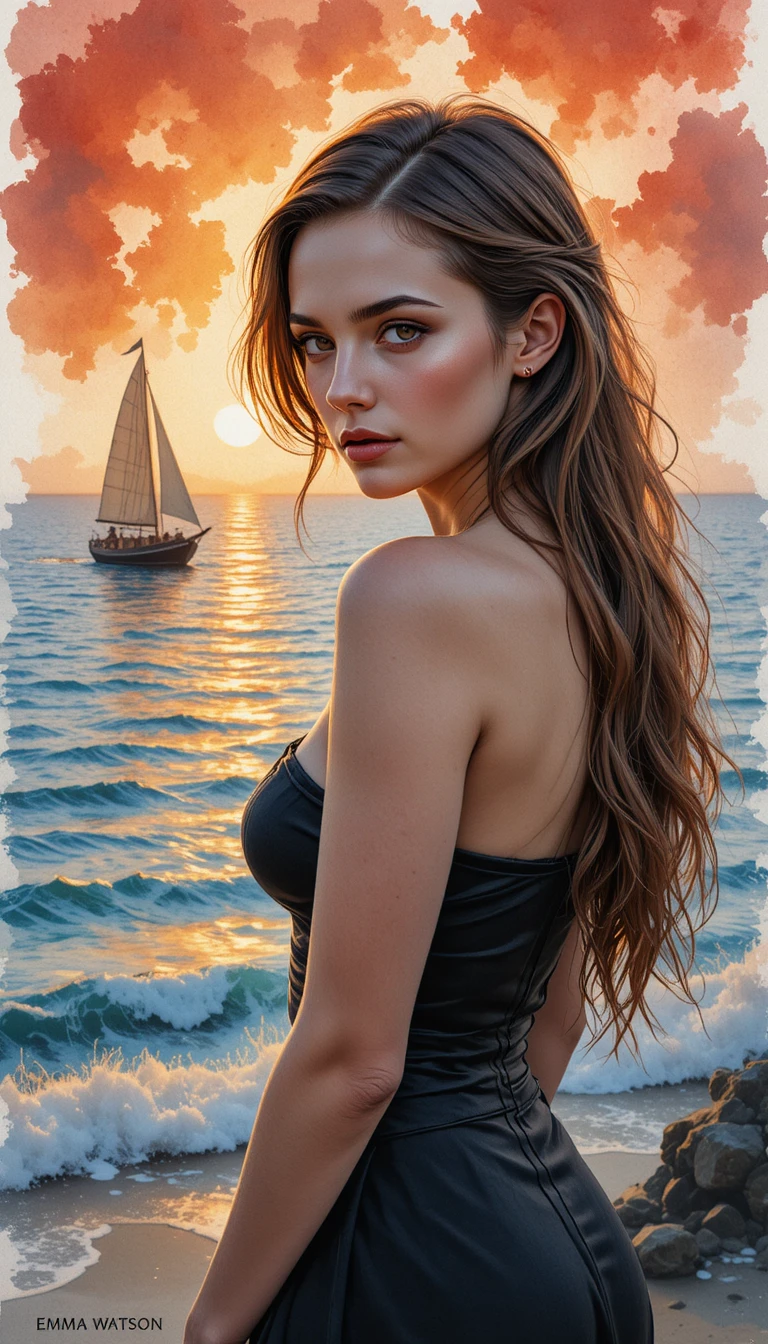 Retrato em aquarela de uma mulher ao pôr do sol à beira-mar