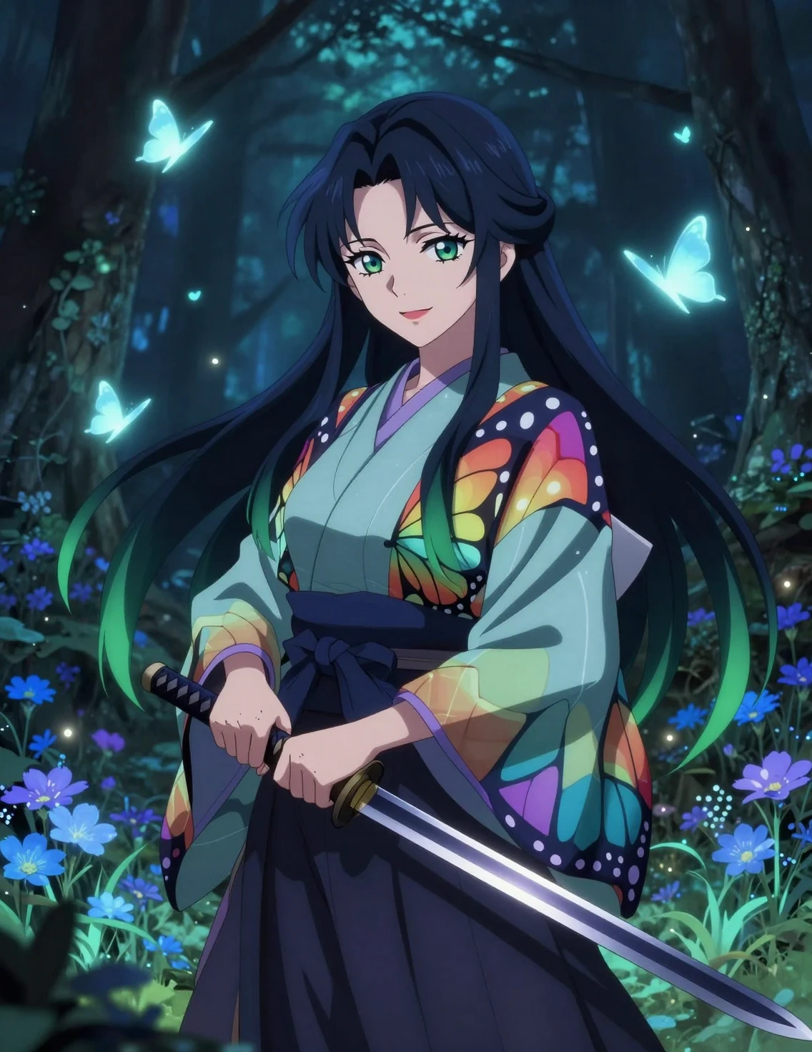 Elegant demon huntress in a glowing fantasy forest