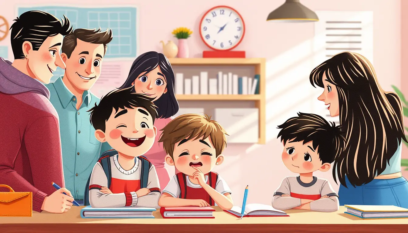 Pais e filhos reunidos para um dia de aula colorido