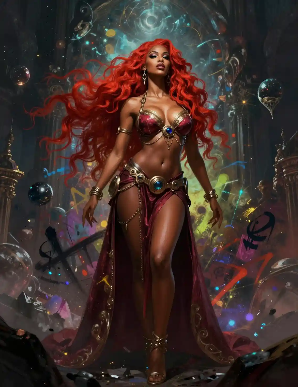 Pin-up de fantasy séduisante en pied d’une femme rousse