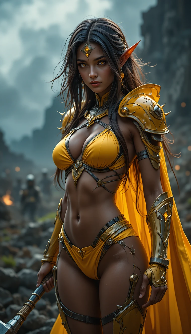 Dark elf warrior woman in yellow armor on battlefield