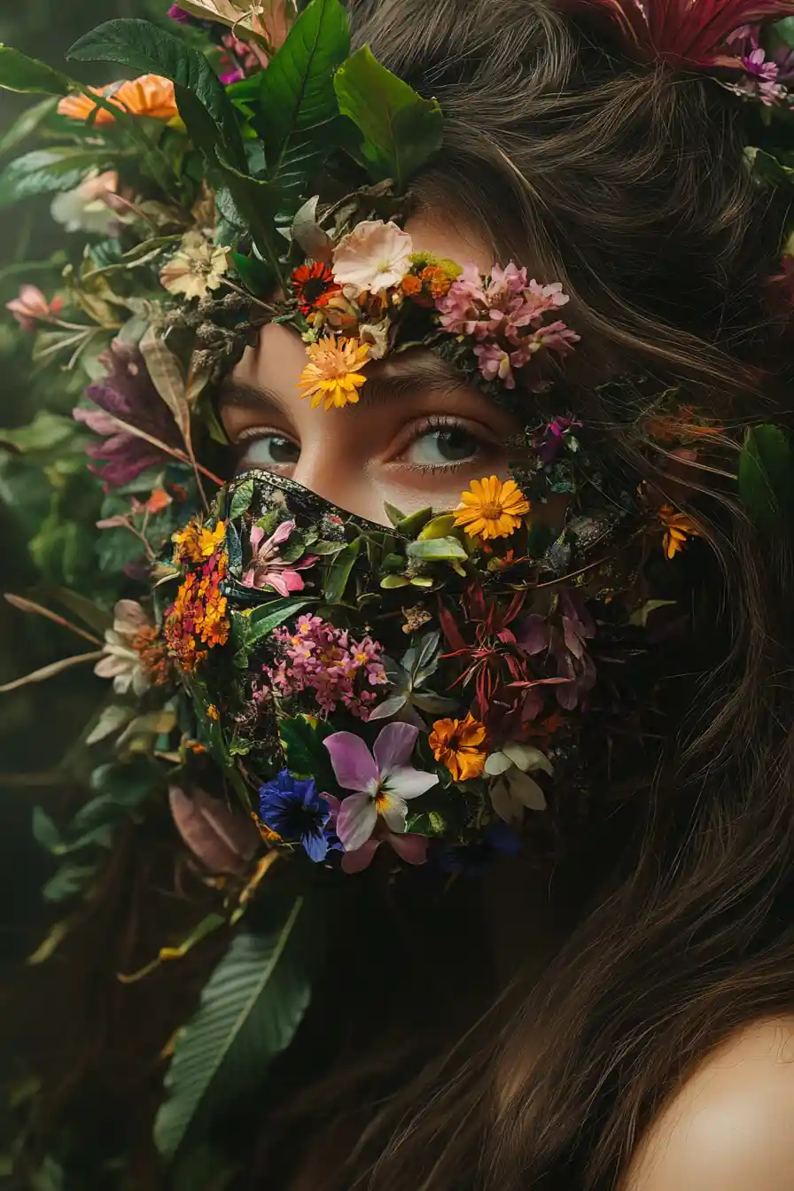 Donna con maschera da foresta traboccante di fiori vibranti