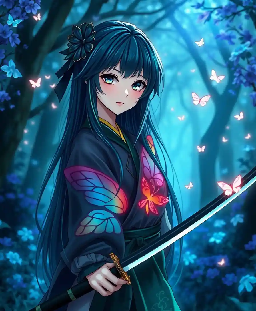 Elegant demon huntress in a glowing enchanted forest