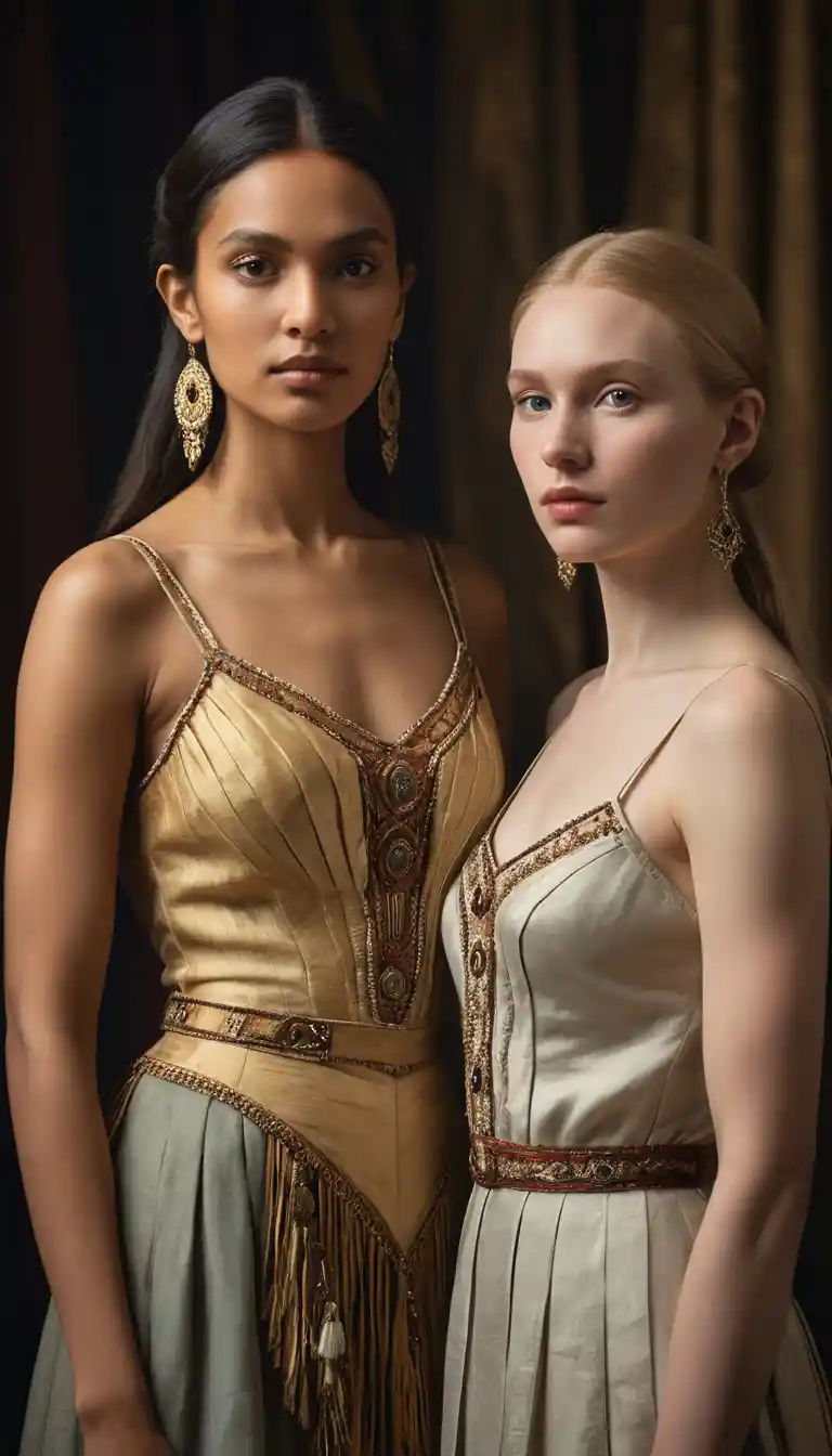 Hyperrealistic portrait of two women in quiet side pose