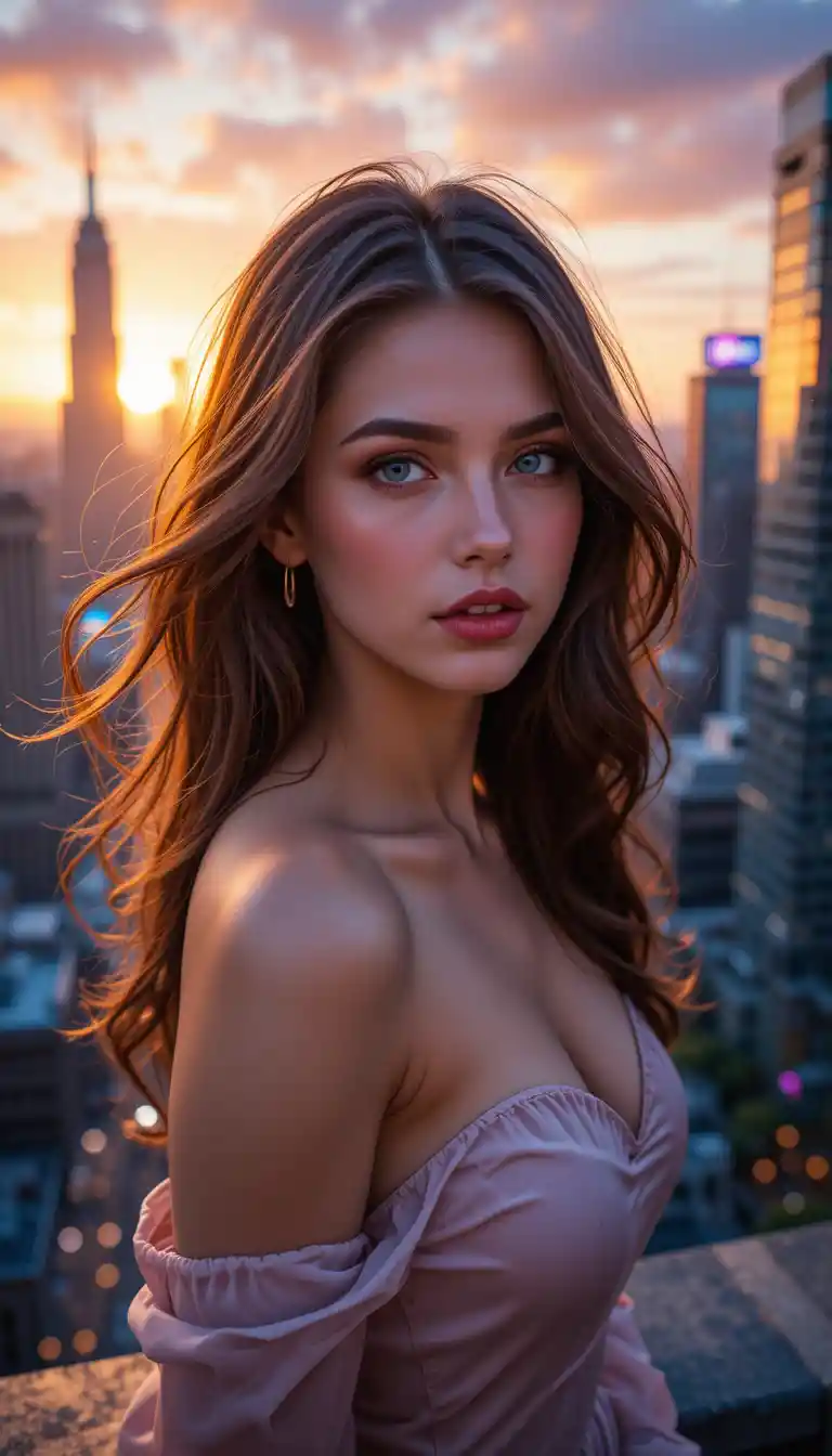 Mulher morena em um terraço ao anoitecer com horizonte da cidade