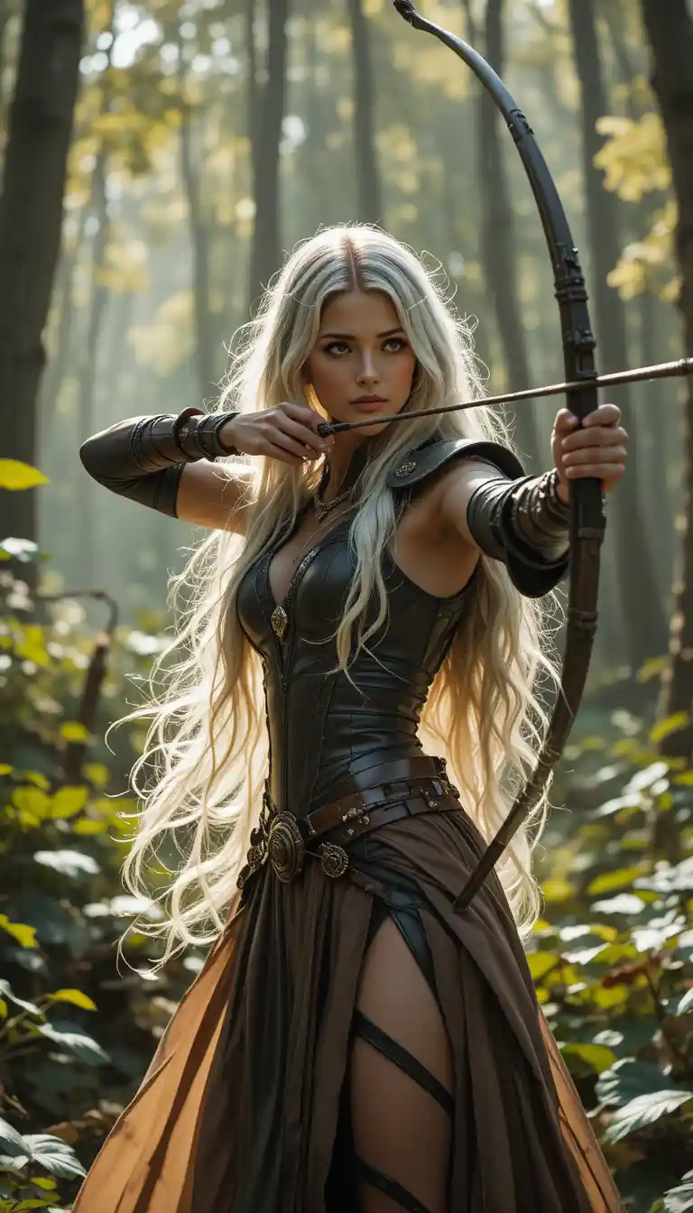 Fantasy archer woman drawing her bow in enchanted forest