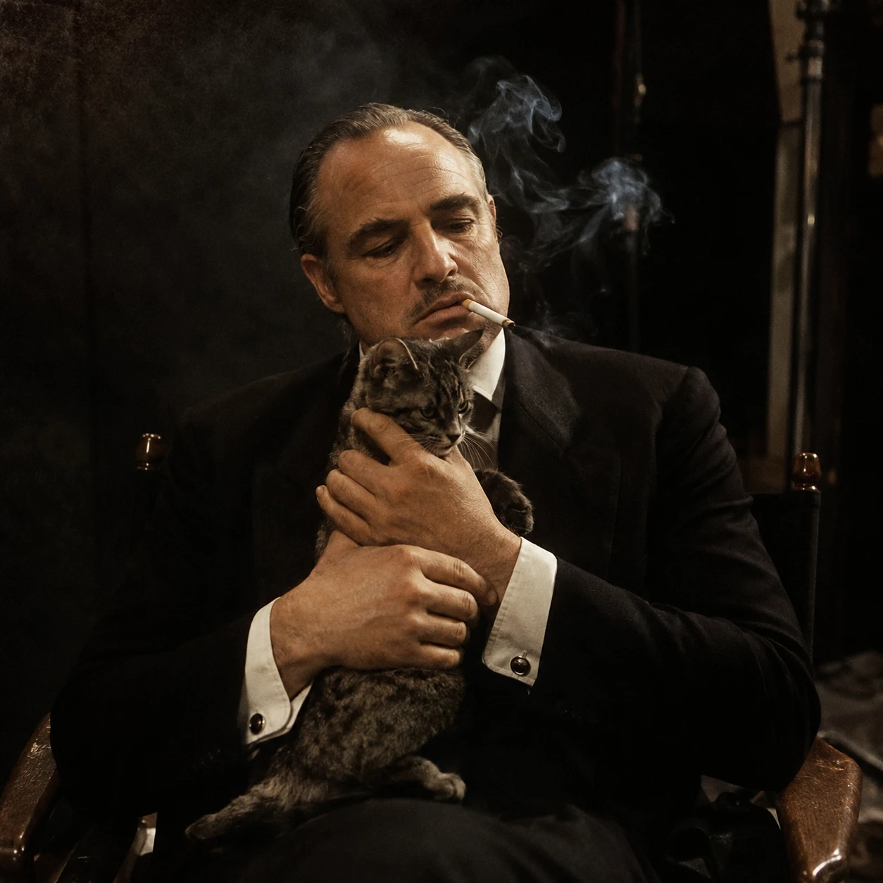 Ator descansando com gato em set de filmagem escuro