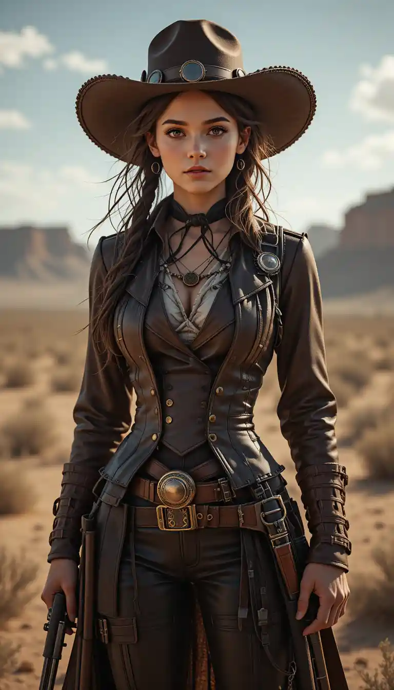 Pistoleira steampunk em pé nas vastas planícies do deserto
