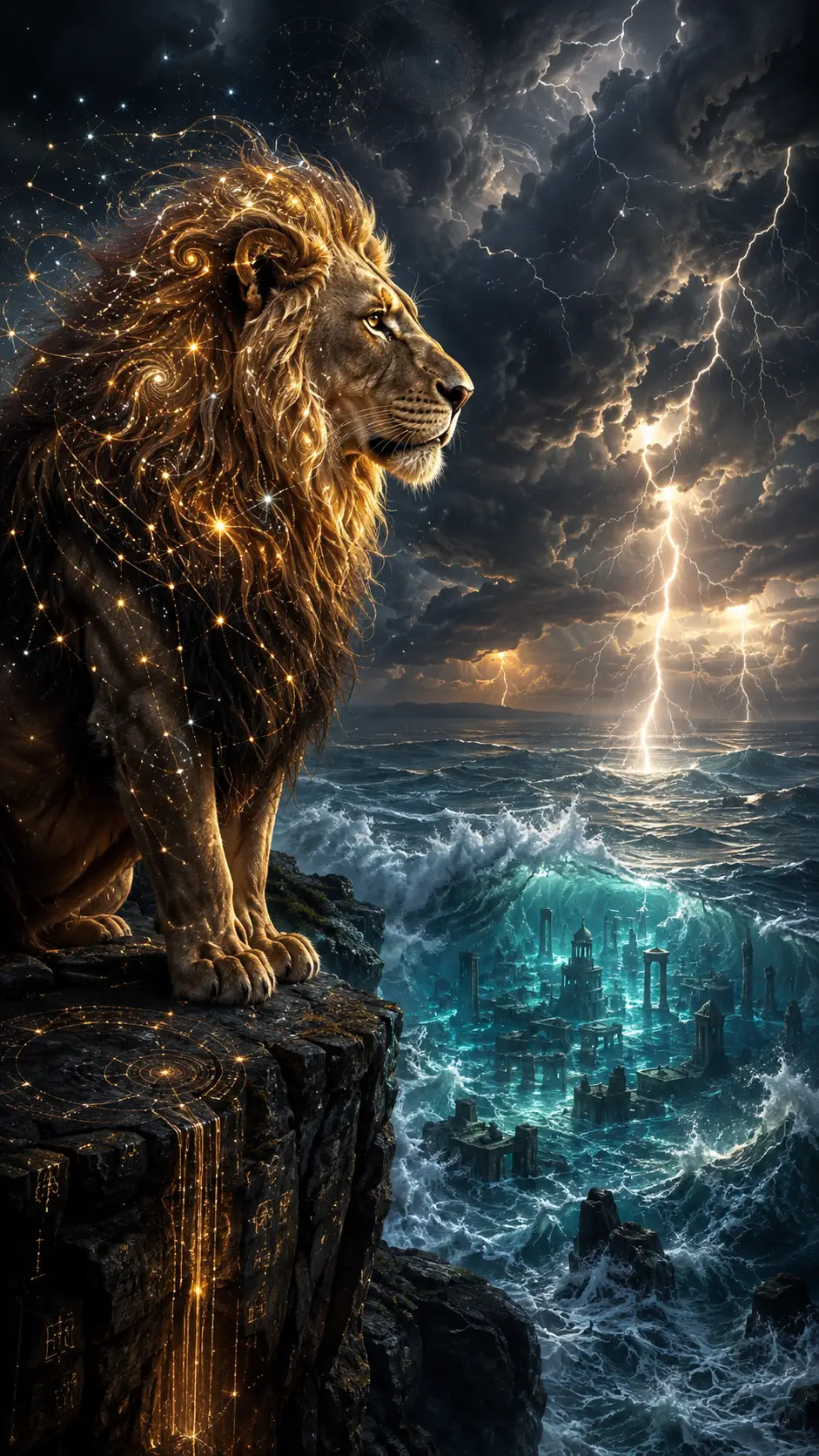 Celestial maned lion overlooking a storm swept sea