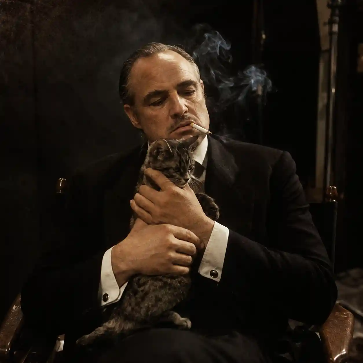 Attore che si riposa con un gatto su un set cinematografico oscuro