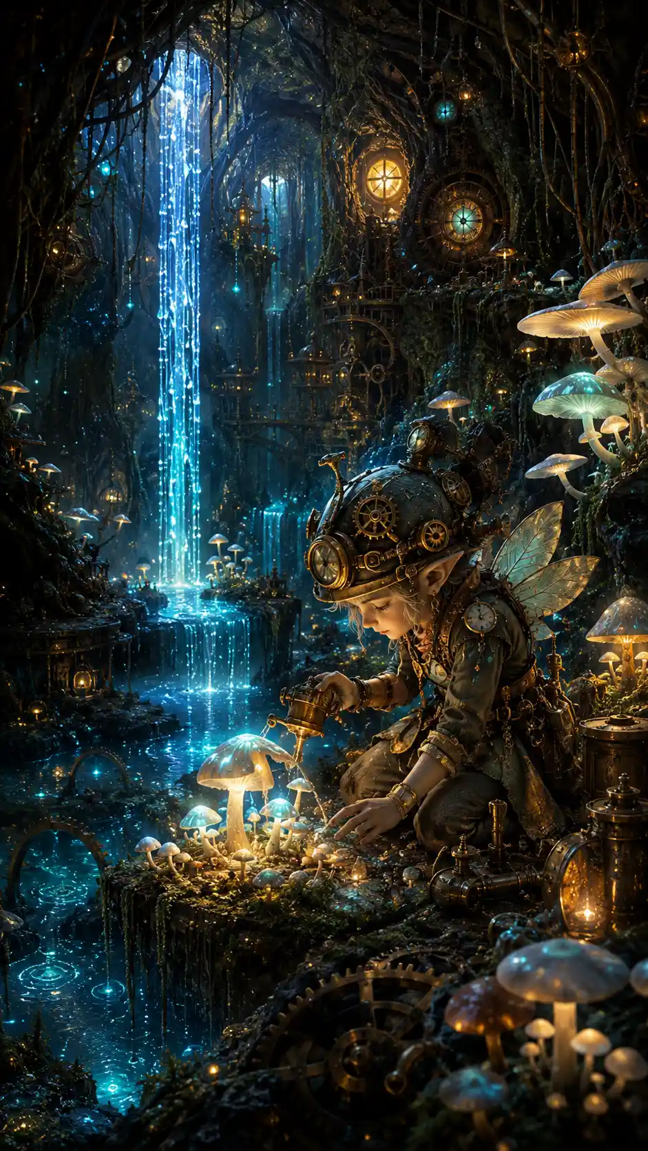 Folletto meccanico che cura funghi luminosi in un giardino di caverna