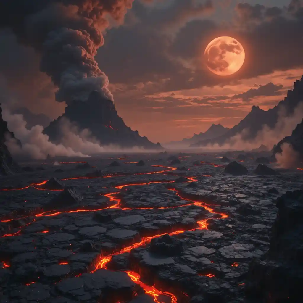 Primordial Volcanic Earth With Molten Lava Ocean And Dark Sky