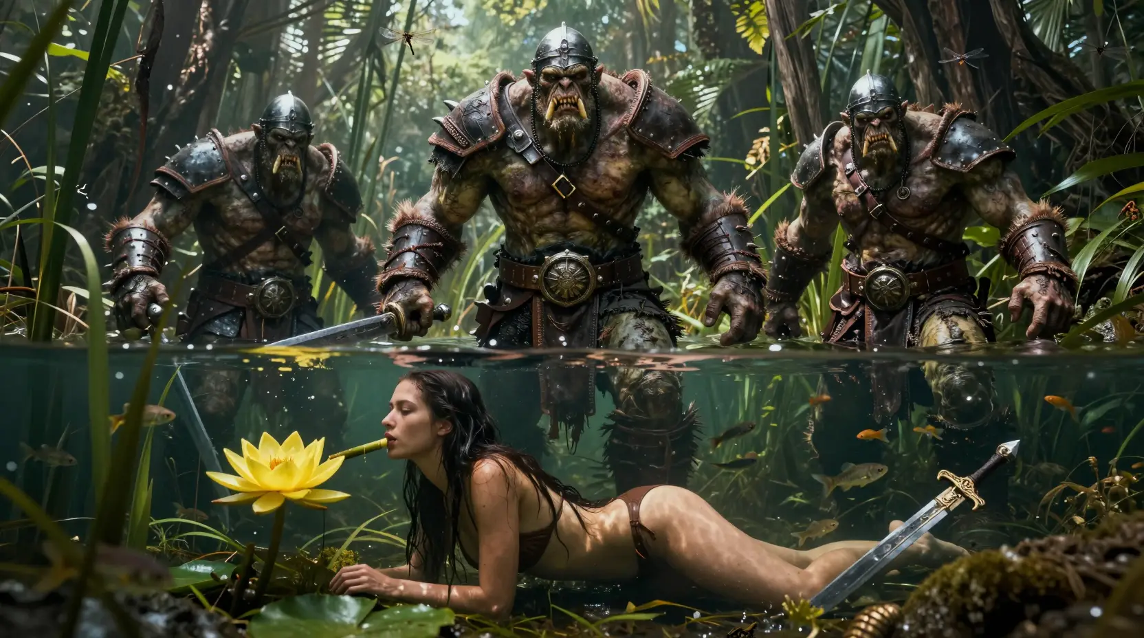 Orcs brutaux rôdant dans un marécage sombre de jungle