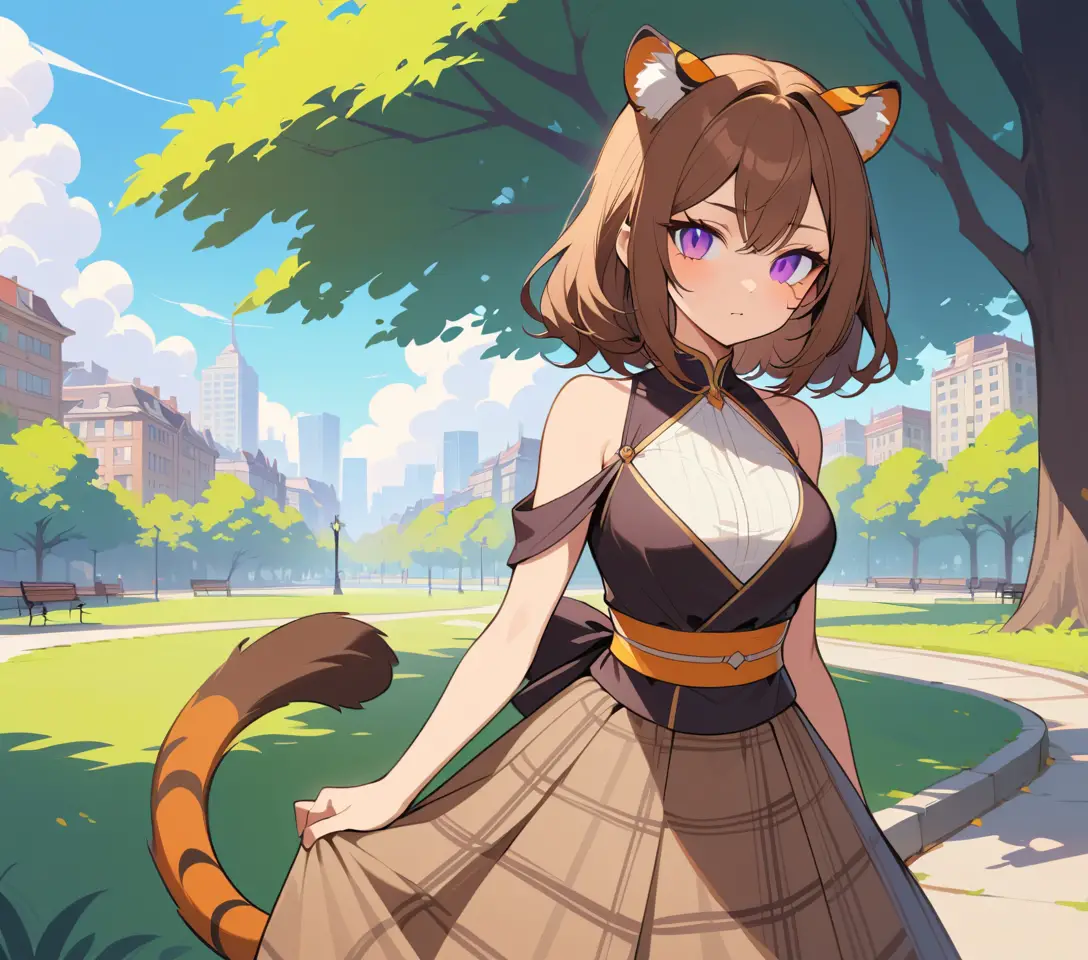 Confident tigress eared woman standing in a tranquil city park