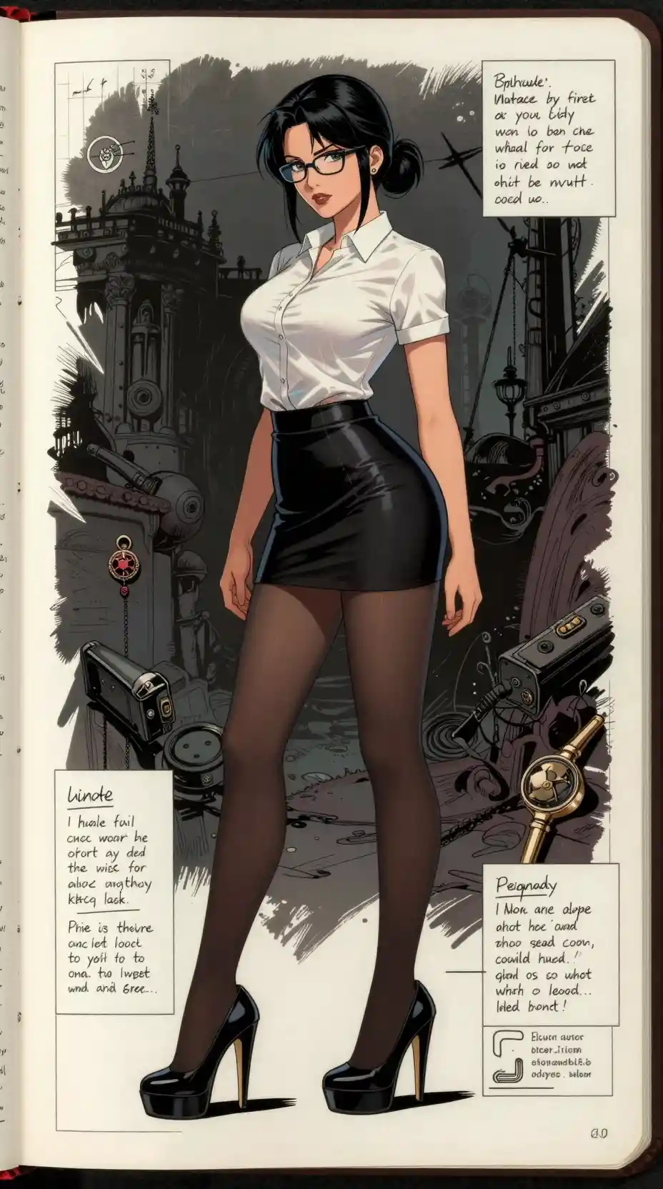 Stylish teacher in mini skirt with dark fantasy blueprint