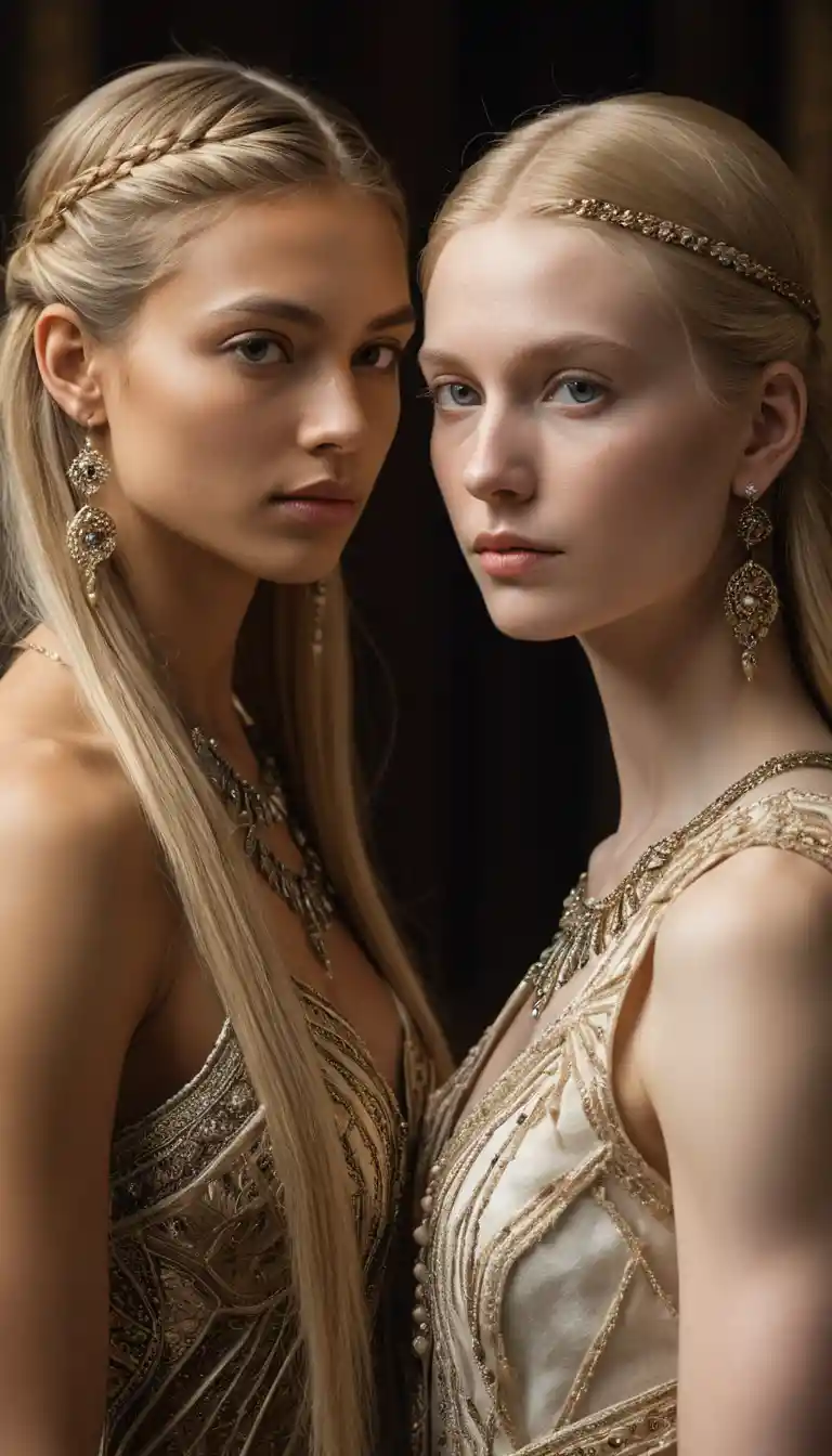 Hyperrealistic portrait of two contemplative women facing each other