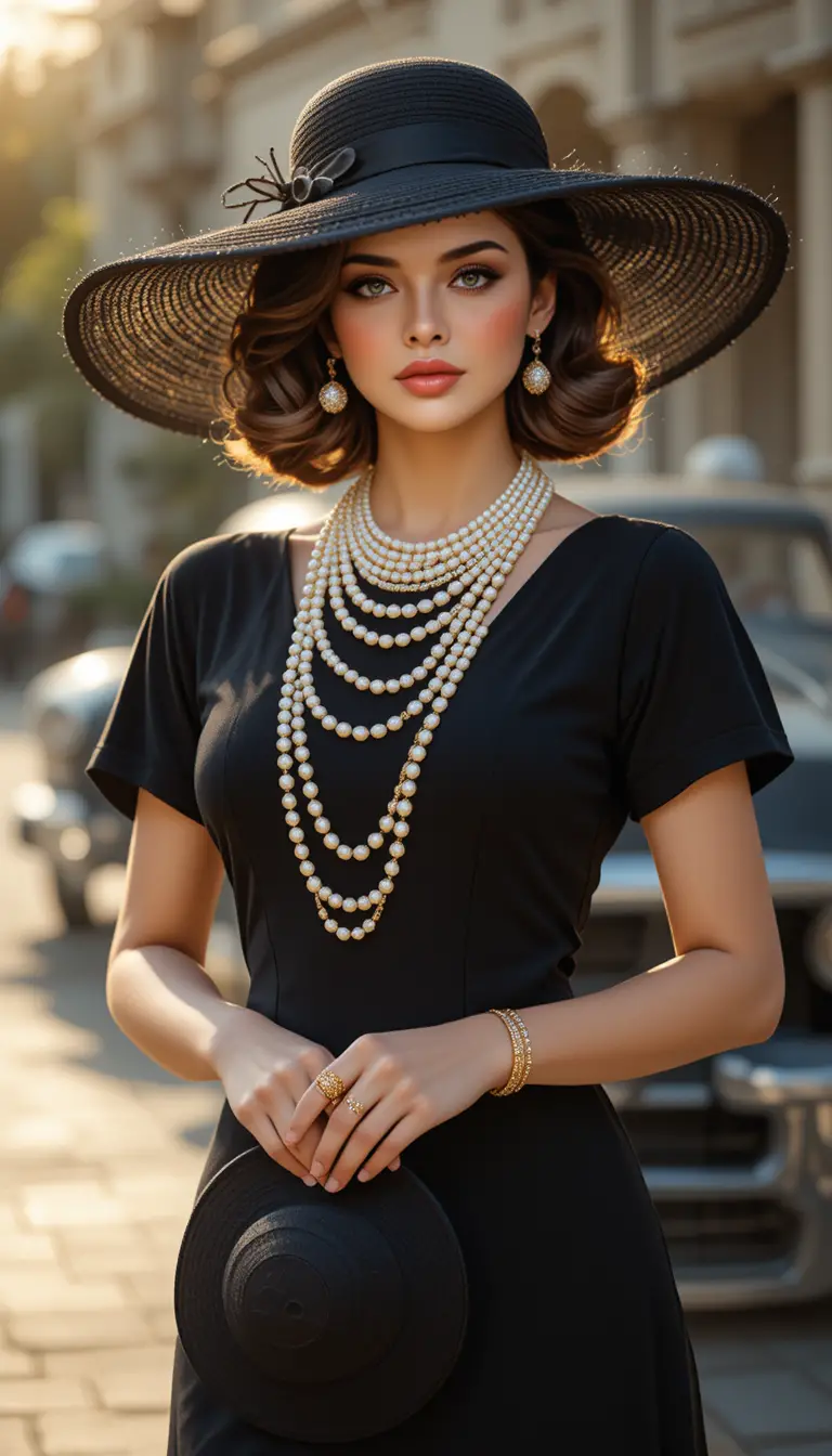 Elegant young woman in black dress and wide brim hat