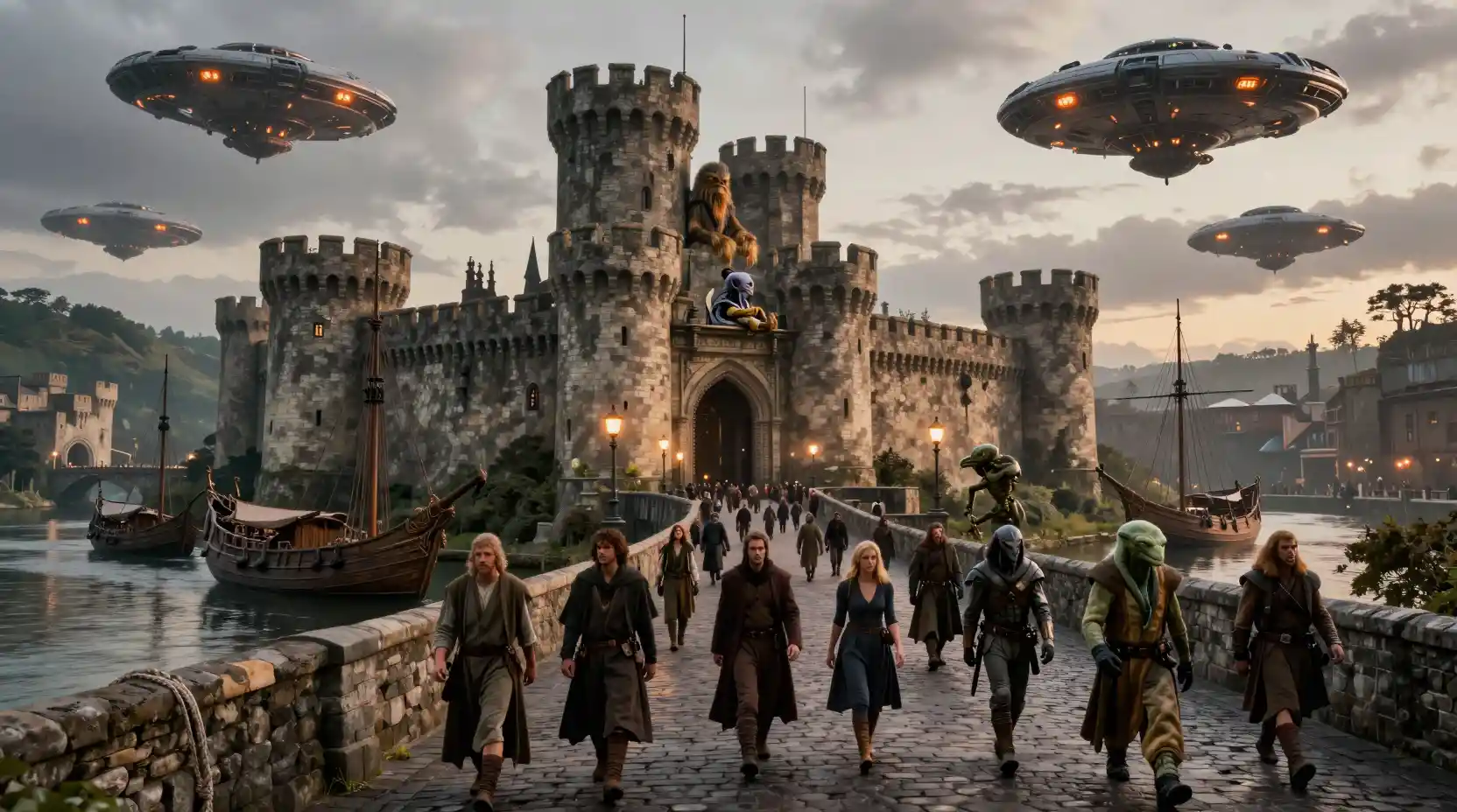 Fortaleza de castelo medieval de pedra cinematográfica ao anoitecer com multidão